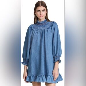Rixo Azalea Long Sleeve High Neck Cotton Denim Mini Dress Blue Size Small